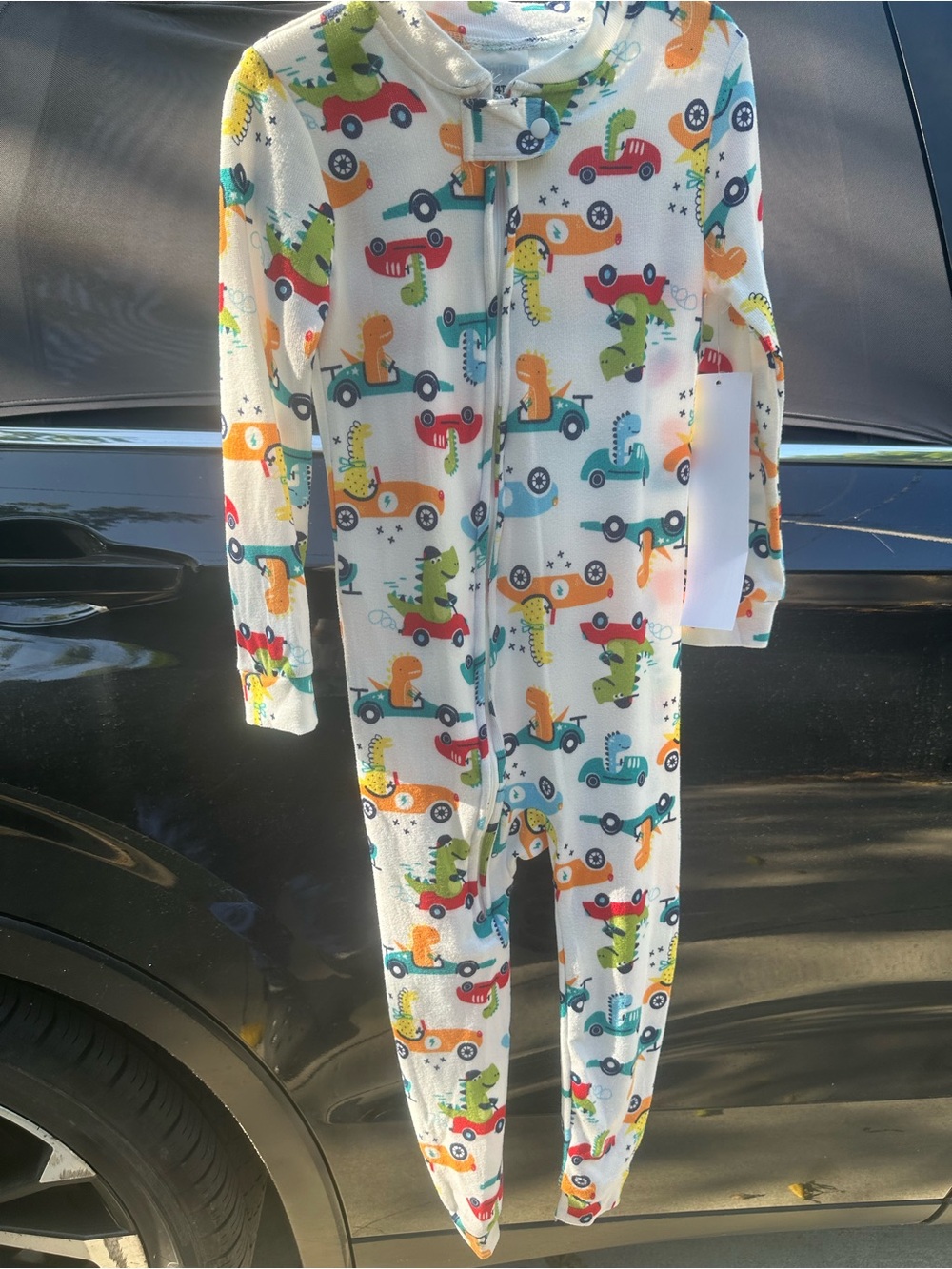 White Dino & Car Zip-Front Kids Footed One-Piece